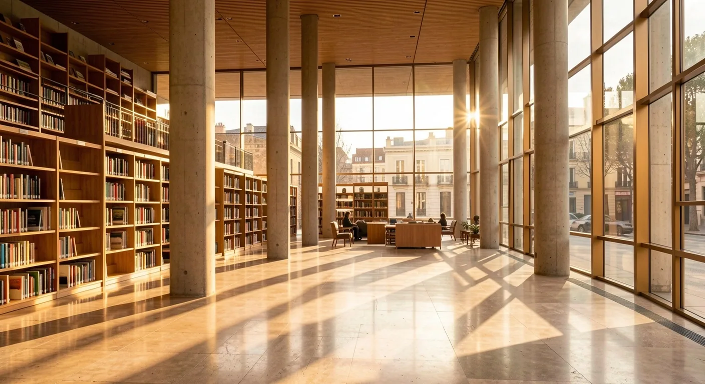 Interior de biblioteca pública moderna en Madrid con columnas de hormigón y sombras geométricas