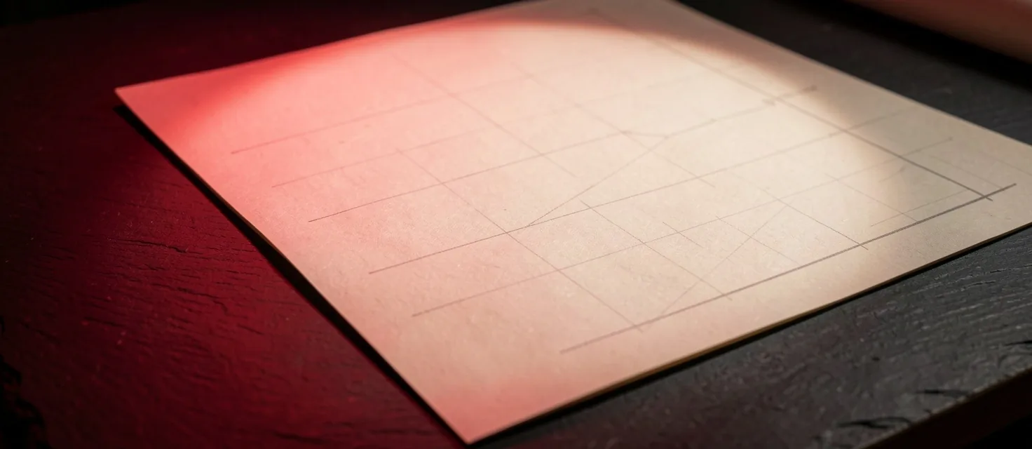 Primer plano de papel de dibujo técnico bajo luz roja cálida