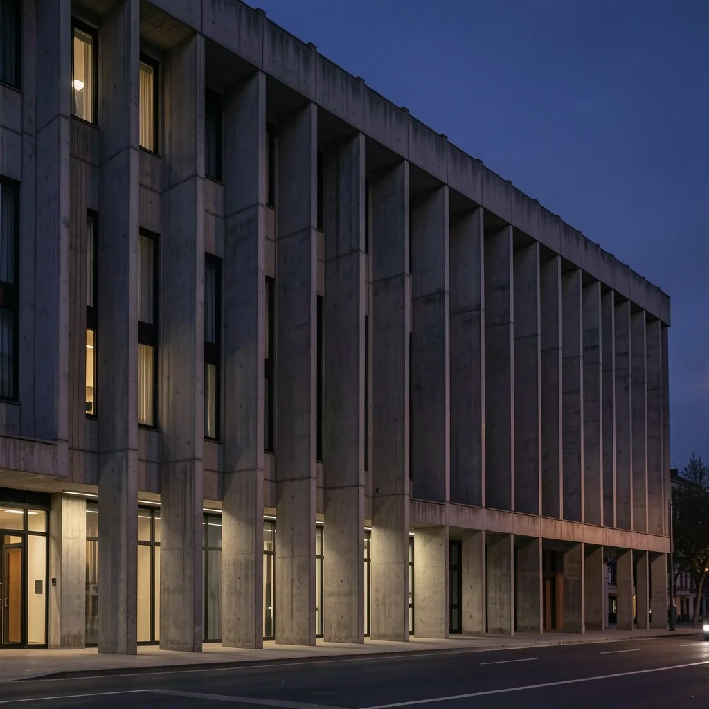 Edificio institucional de arquitectura brutalista española al anochecer