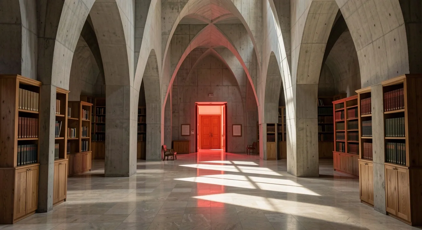 Interior arquitectónico de biblioteca moderna con sombras geométricas