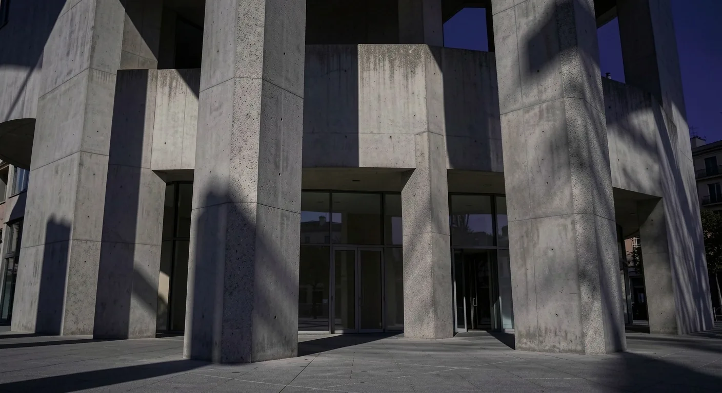 Edificio de arquitectura brutalista en Madrid al atardecer