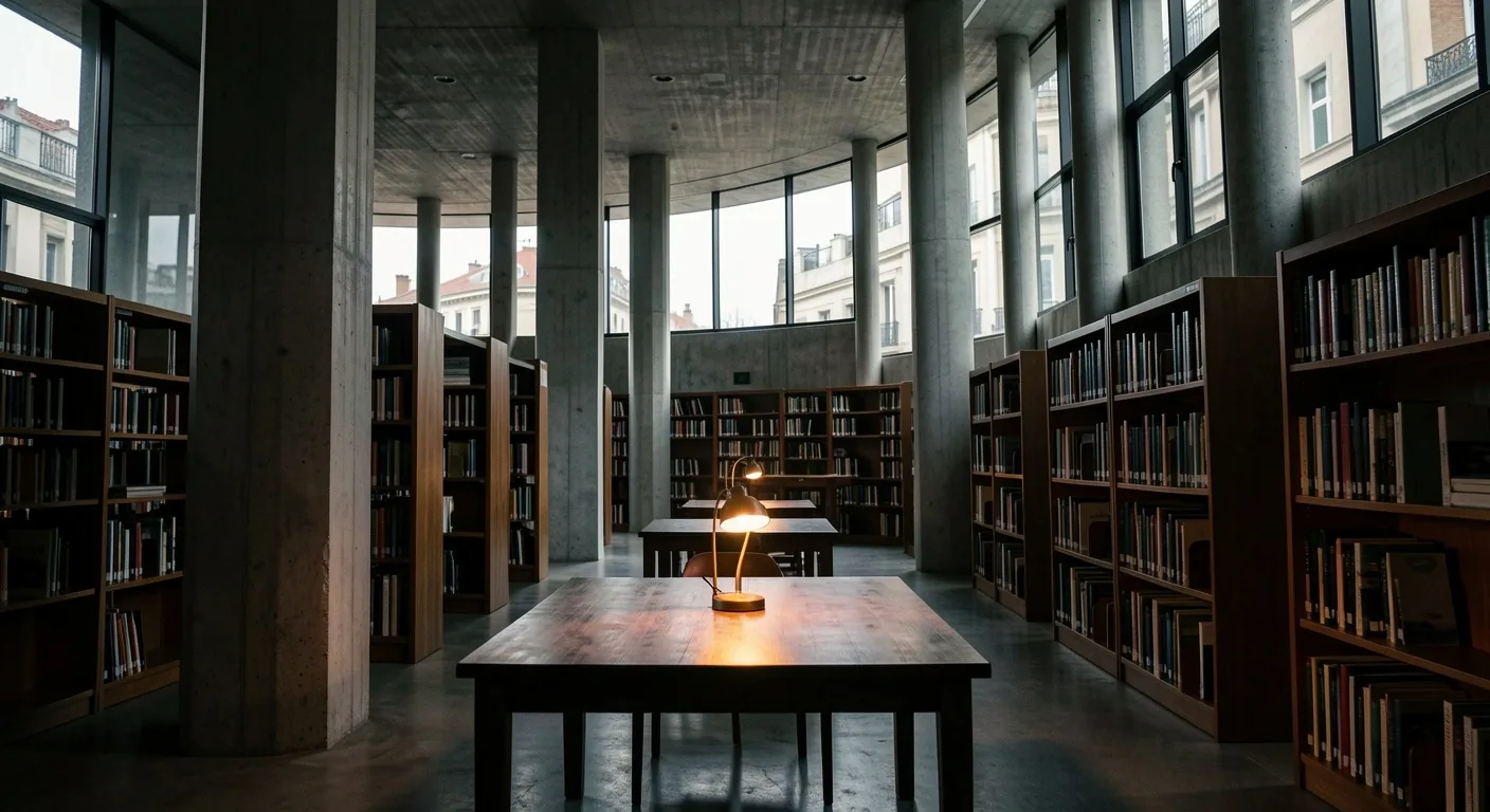 Interior de biblioteca moderna en Madrid con arquitectura brutalista