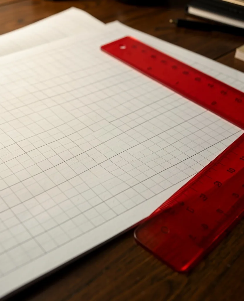 Papel de dibujo técnico con regla roja sobre mesa de trabajo