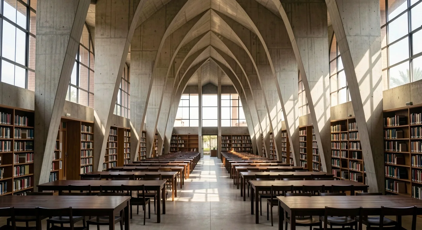 Sala de lectura de arquitectura brutalista en Madrid