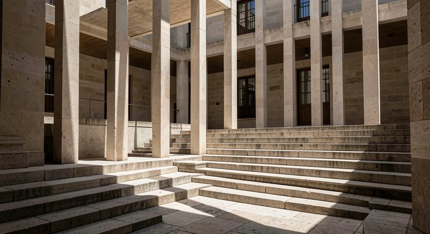 Detalle arquitectónico institucional español con sombras diagonales marcadas
